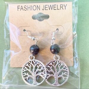 Brand New! Silver Tree of Life Semiprecious Black Onyx Stone Earrings.
